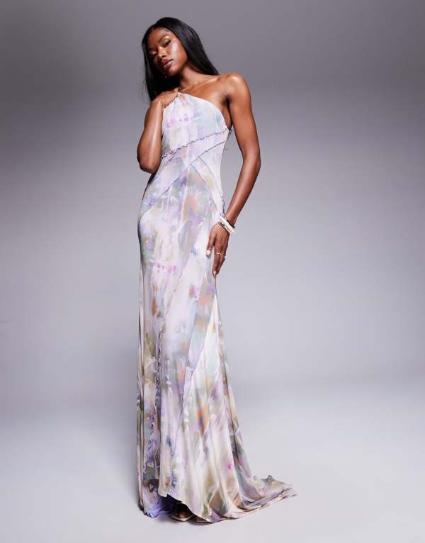 エイソス レディース トップス ワンピース マキシワンピース フラワー柄 プリント メッシュ マキシ フラワー ASOS DESIGN mesh one shoulder exposed seams maxi dress with full hem in blurred lilac floral print Floral Print ライラック