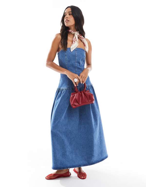エイソス レディース トップス ワンピース ミディワンピース ミディ デニム ASOS DESIGN cinch waist bandeau denim midi dress with dropped waist in mid Blue ブルー