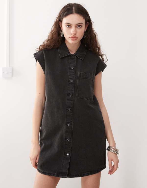 ノイジーメイ レディース トップス ワンピース ミニワンピース ミニ ノースリーブ デニム Noisy May sleeveless denim mini dress in washed WASHED BLACK ブラック｜ReVida 店