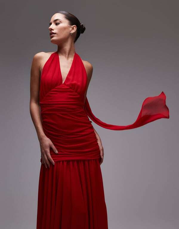 赤ちょうちん点点 レディース トップス 衣装 マキシ衣装 マキシ ホルター Bardot halter neck maxi dress Deep Red 赤いこと