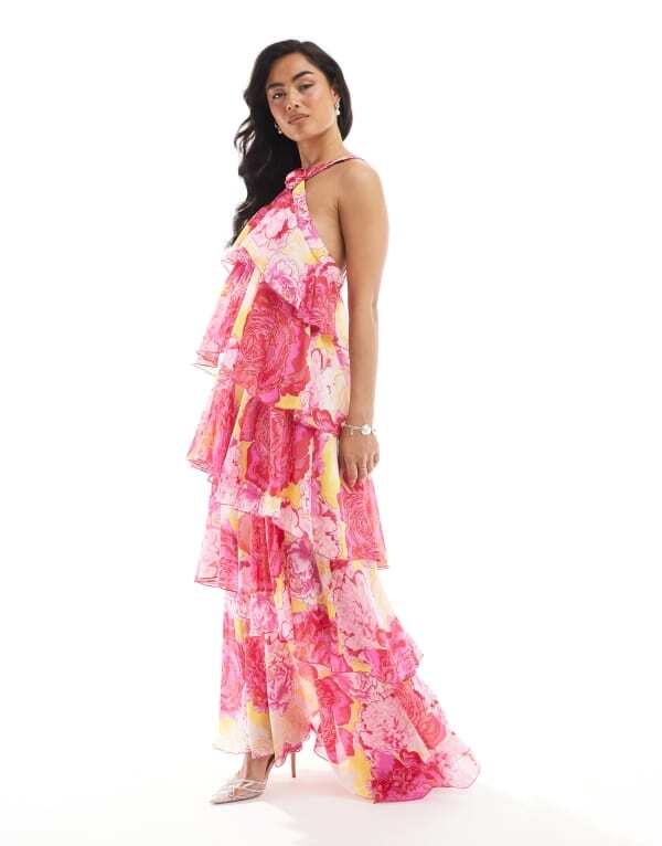 ヴェロモーダ レディース トップス ワンピース ティアード マキシワンピース プリント マキシ ホルター Vero Moda Felicia halter neck tiered maxi dress with corsage detail in fuchsia flower print Pink floral ピンク
