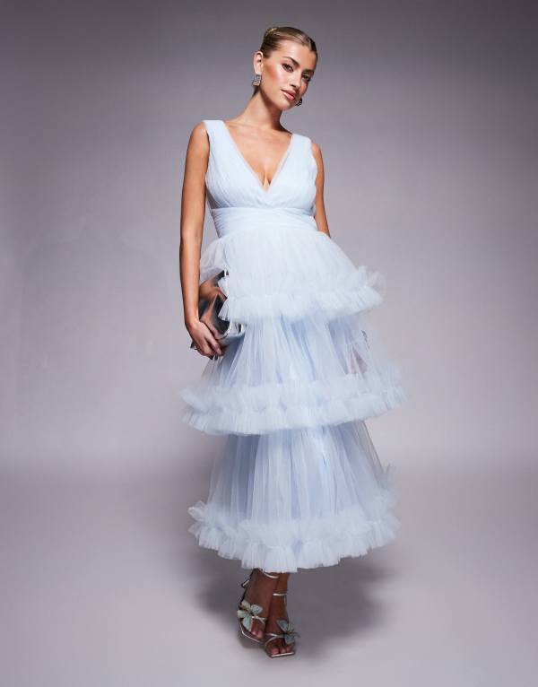 レース アンド ビーズ レディース トップス ワンピース ティアード フリル Lace & Beads ruffle tiered midaxi dress in sky Sky Blue ブルー