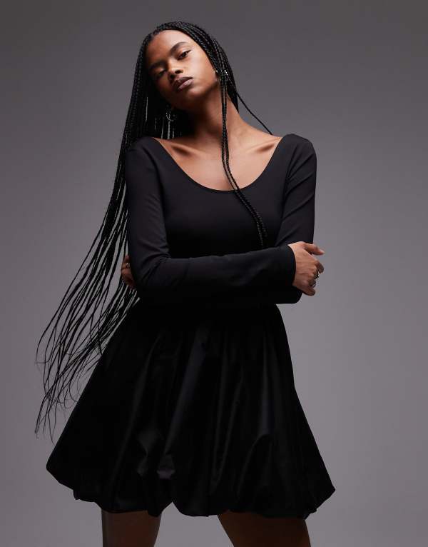 アンドアザーストーリーズ レディース トップス ワンピース ミニワンピース ミニ ジャージー & Other Stories mini dress with puffball hem mixed jersey and woven fabric Black ブラック｜ReVida 店