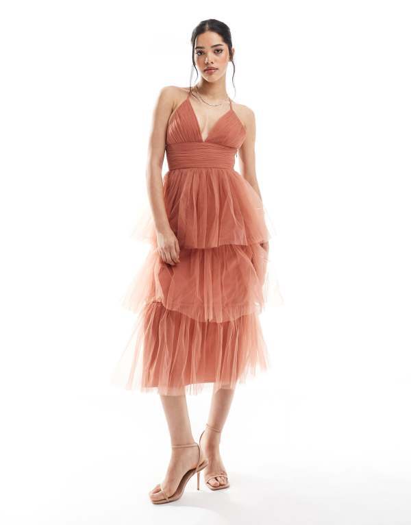 レース アンド ビーズ レディース トップス ワンピース Lace & Beads Bridesmaid Odette midaxi dress in terracotta Terracotta rose テラコッタ｜ReVida 店