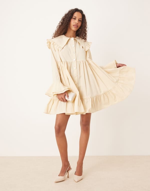 シスタージュン レディース トップス ワンピース ミニワンピース ミニ Sister Jane oversized collar frill mini dress with heart button detail in yellowイエロー