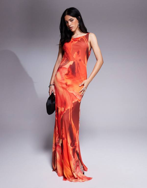 エイソス レディース トップス ワンピース マキシワンピース プリント メッシュ マキシ ASOS DESIGN deep cowl with twisted strap mesh maxi dress in orange print Orange Print オレンジ