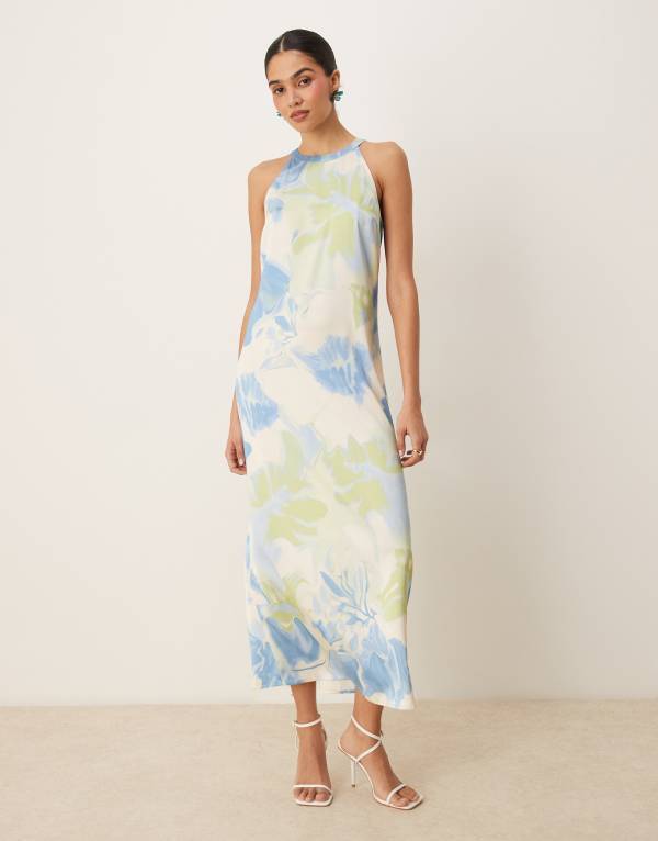 ヴィラ レディース トップス ワンピース ハイネック マキシワンピース プリント サテン マキシ VILA satin high neck maxi dress in marble print Birch aop｜ReVida 店 20,335円