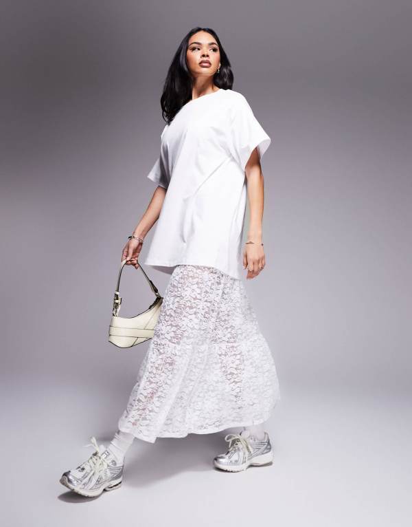 エイソス レディース トップス ワンピース ティアード ミディワンピース ミディ Tシャツ スカート レース ASOS DESIGN 2 in 1 t-shirt midi dress with tiered lace skirt WHITE ホワイト