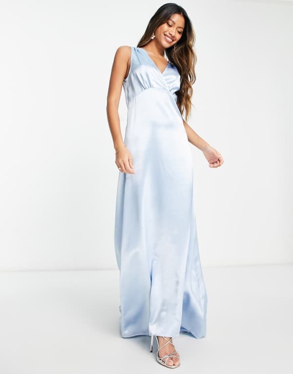別業 レディース トップス 衣装 Vのど首 マキシ衣装 繻子 マキシ Vila Bridesmaid satin v neck maxi dress with train インチ pastel Kentucky blue 青色 レディースファッション-ワンピース