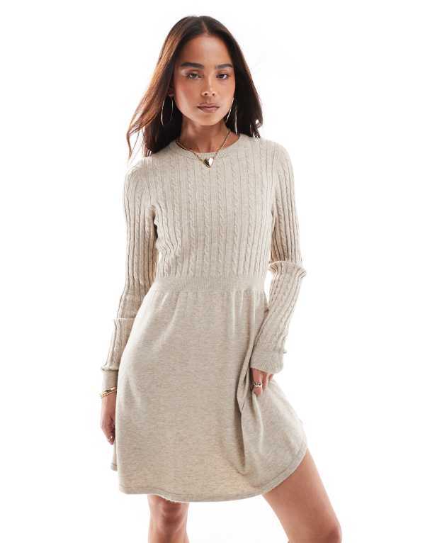 オンリー レディース トップス ワンピース ミニ ニット ONLY cable knit mini skater dress BEIGE ベージュ｜ReVida 店