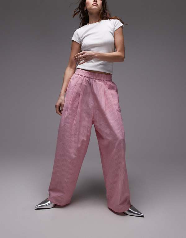 とっ始め販売店 レディース ボトムス 心地好いズボン下 ズボン下 Topshop striped tapered awkward length pants pink サクラ色
