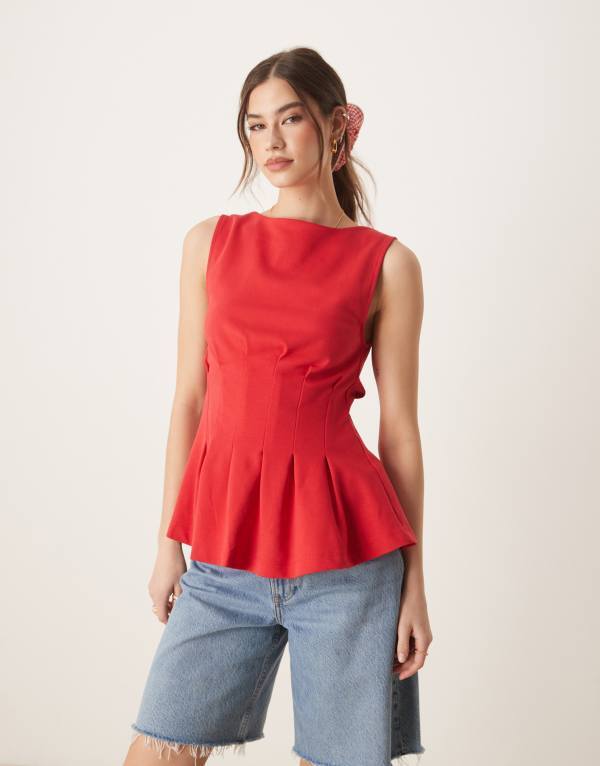 エイソス レディース トップス タンクトップ プリーツ ASOS DESIGN boat neck pleated waist tank top RED レッド