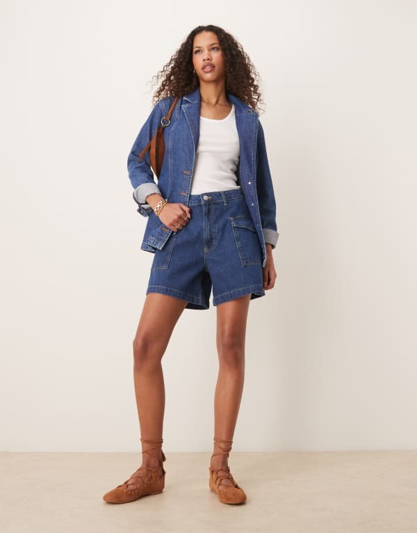 エイソス レディース ボトムス 二分の一ズボン下・さる股引き 遊撃手ズボン下 ジーンズ ASOS DESIGN denim dad shorts with pocket detail インチ mid MID BLUE 青み