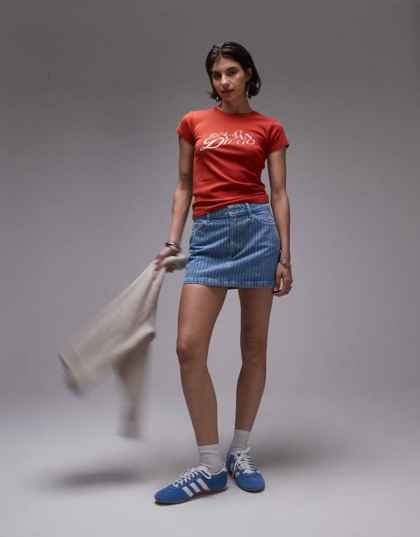 とっ始め販売店 レディース ボトムス スコート ミニ ジーンズ Topshop denim pelmet mini skirt インチ bleach stripe Blue 青色 レディースファッション-ボトムス-スカート