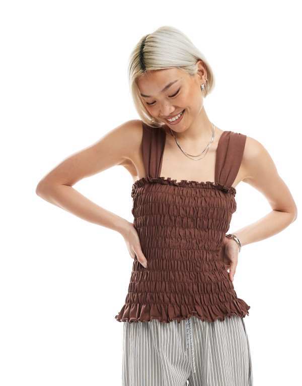 エイソス レディース トップス シャツ ASOS DESIGN wide straps shirred top CHOCOLATE BROWN ブラウン