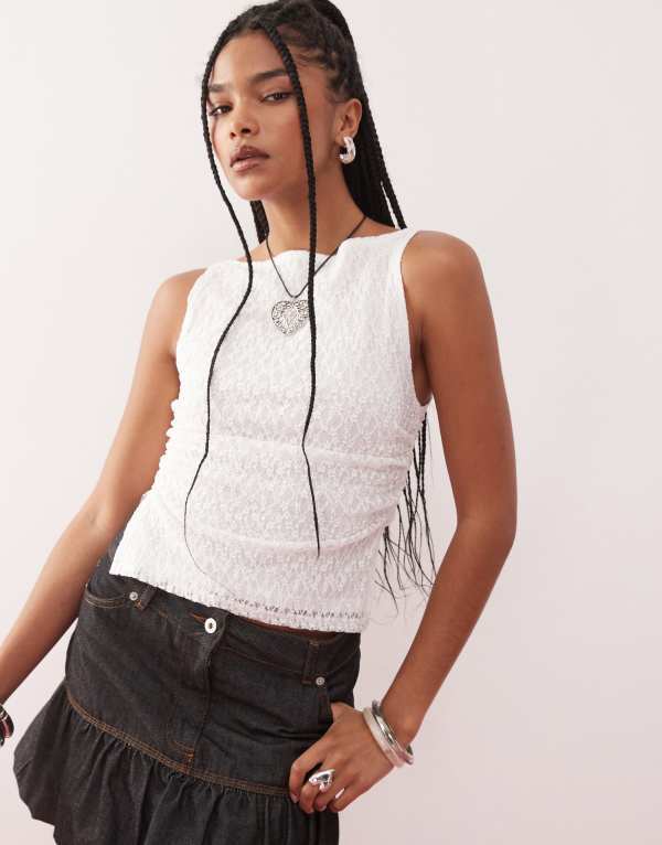 リクレイム ヴィンテージ レディース トップス タンクトップ ギャザー レース Reclaimed Vintage ruched sides tank top lace WHITE ホワイト