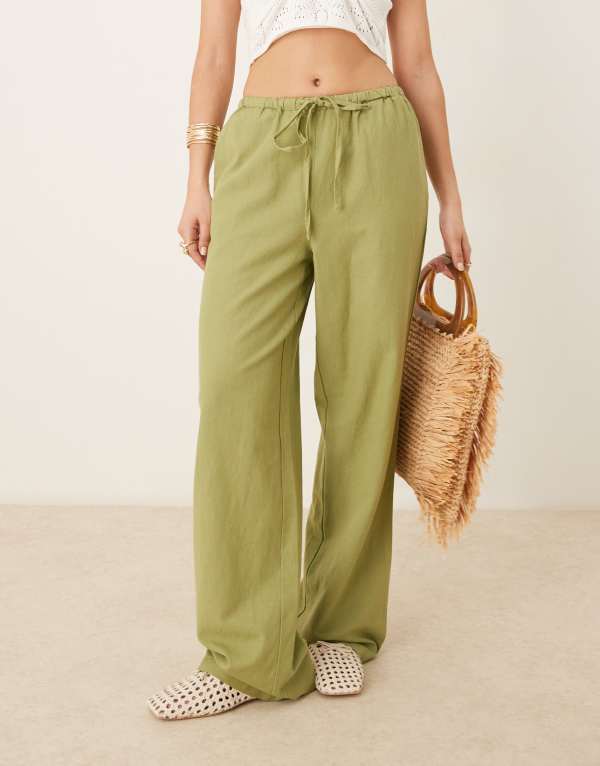 ヴィラ レディース ボトムス カジュアルパンツ ワイドレッグ パンツ リネン Vila linen touch tie waist wide leg pants in sage Sage セージ