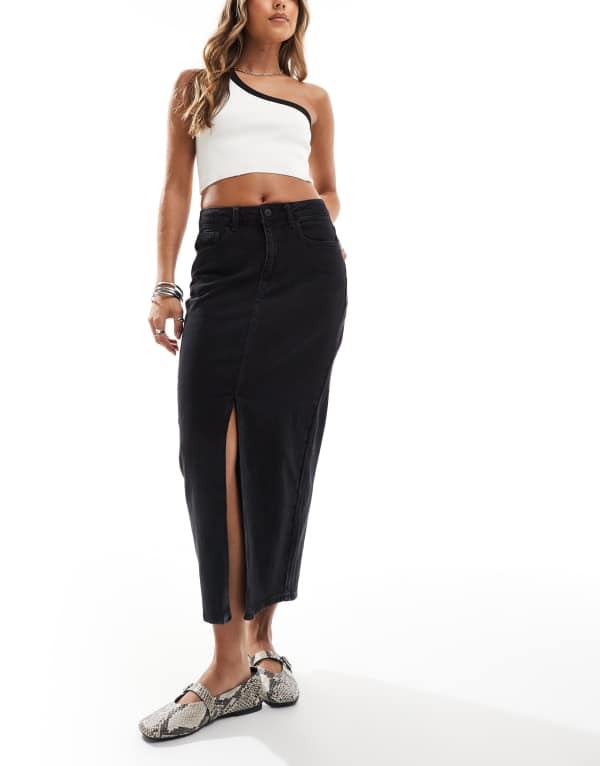 ヴィラ レディース ボトムス スカート ミディ デニム Vila high rise denim front split midi skirt wash Black Denim ブラック