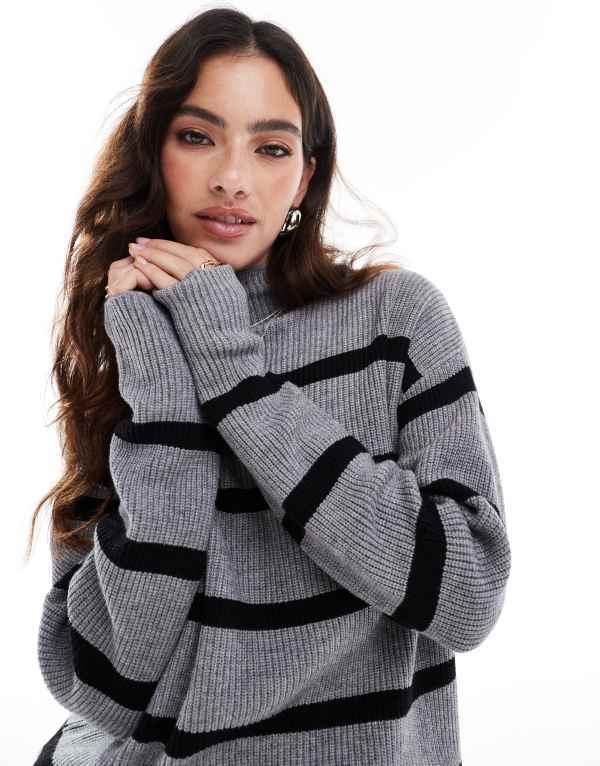 ヴィラ レディース アウター ニット・セーター ハイネック セーター Vila high neck super soft sweater stripe Medium gray melange グレー