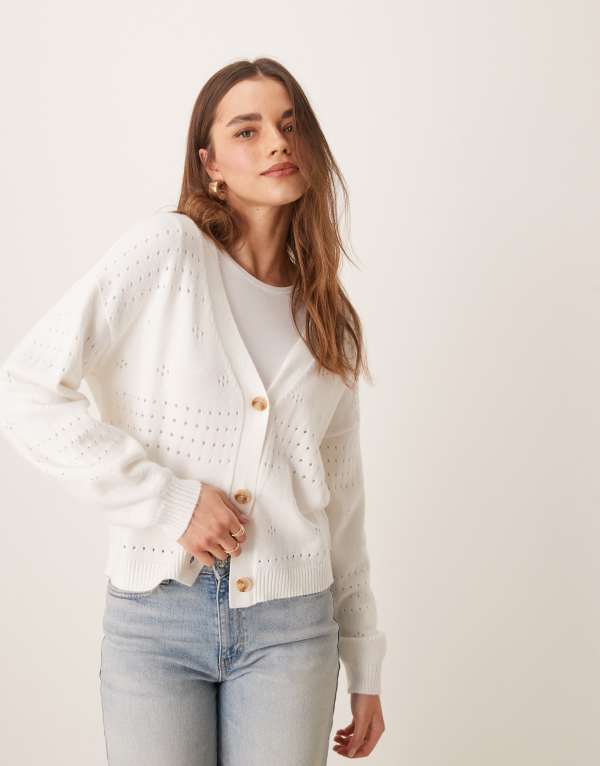 ヴィラ レディース アウター カーディガン ニット VILA blouson sleeve pattern knitted cardigan White alyssum ホワイト｜ReVida 店