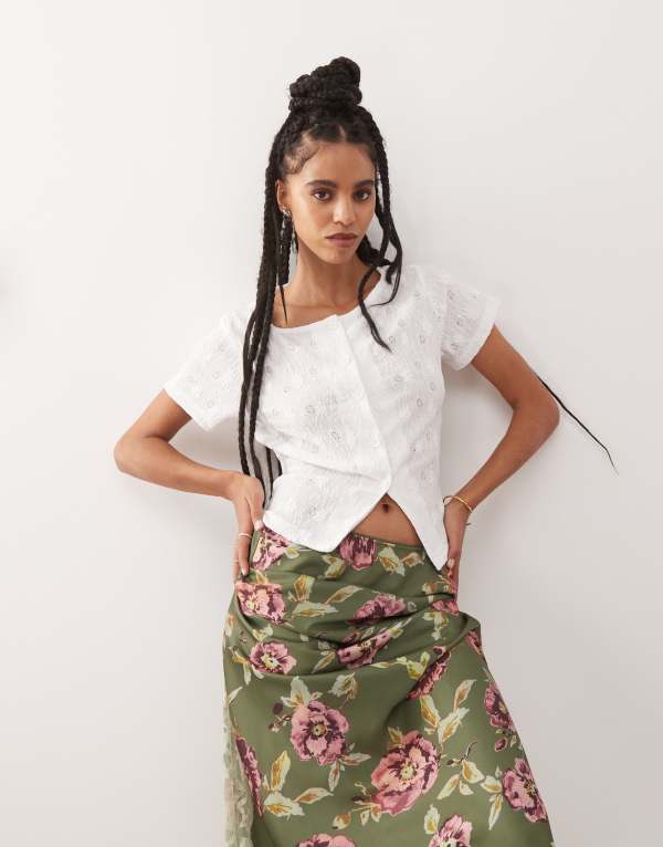 リクレイム ヴィンテージ レディース トップス シャツ ジャージー Reclaimed Vintage textured jersey slit front short sleeve top White ホワイト|ReVida 店