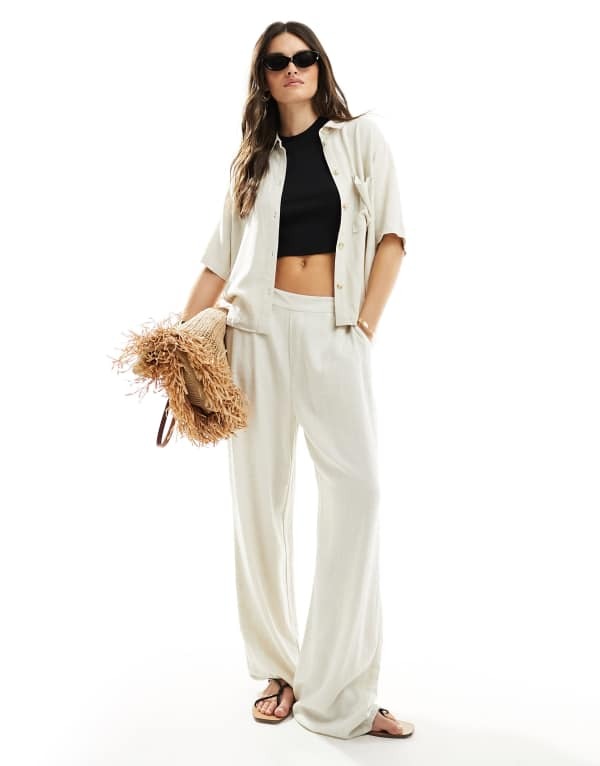 目的語 レディース ボトムス 心地好いズボン下 ズボン下 リネン Object linen blend pants with tie waist インチ oatmeal - part of a set Sandshell オートミール パンツ-レディースファッション-ボトムス