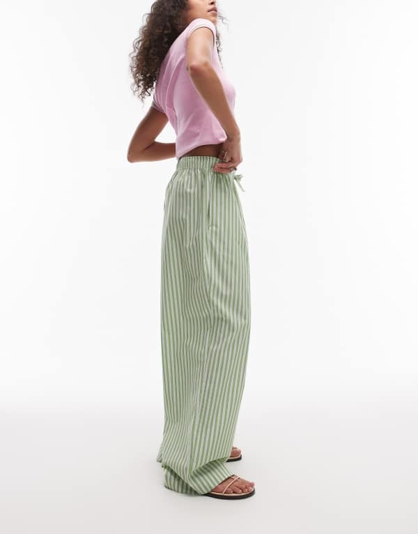 とっ始め販売店 レディース ボトムス 心地好いズボン下 ワイドレッグ ズボン下 Topshop poplin pull on wide leg pants stripe GREEN 緑であること