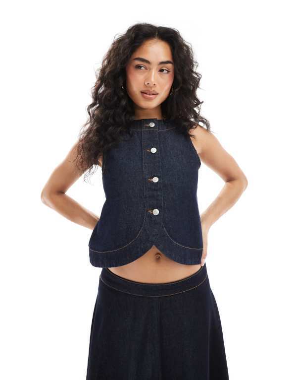 エイソス レディース トップス シャツ デニム ASOS DESIGN denim button up curve hem top in indigo Blue ブルー
