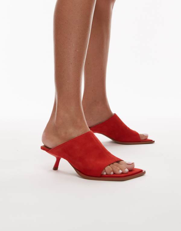 トップショップ レディース シューズ サンダル スエード Topshop Ilya suede open square toe mules RED レッド