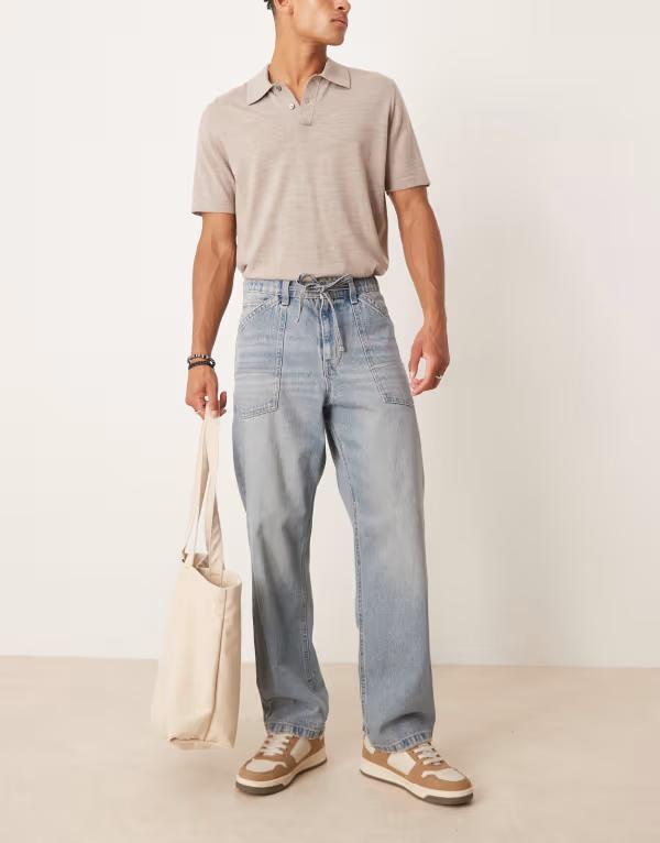 エイソス メンズ ボトムス デニムパンツ ジーンズ ASOS DESIGN baggy jeans with drawstring in light wash blue with tint LIGHT WASH BLUE ブルー