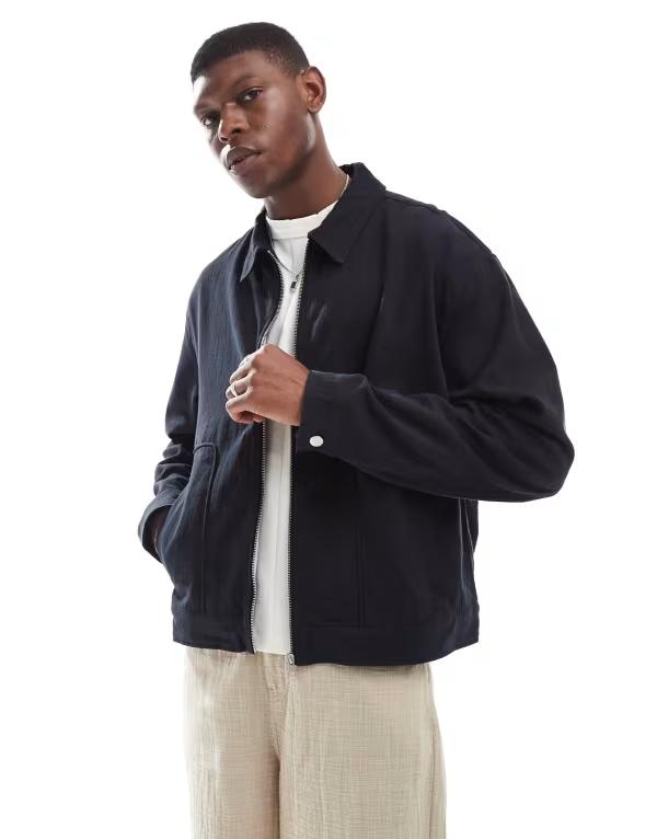 エイソス メンズ アウター ジャケット・ブルゾン リネン ジャケット ASOS DESIGN Premium linen blend boxy harrington jacket Black ブラック