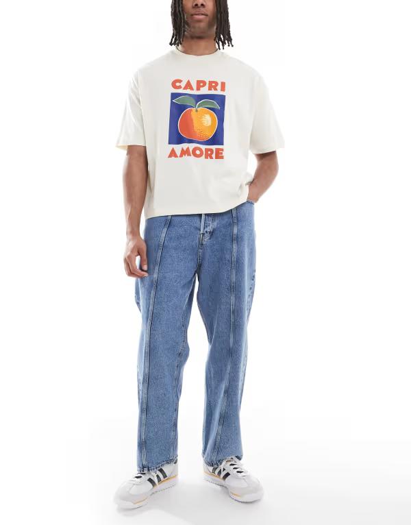 ジャック アンド ジョーンズ メンズ ボトムス デニムパンツ ジーンズ Jack & Jones baggy fit jeans with seam detail in mid Blue Denim デニム｜ReVida 店