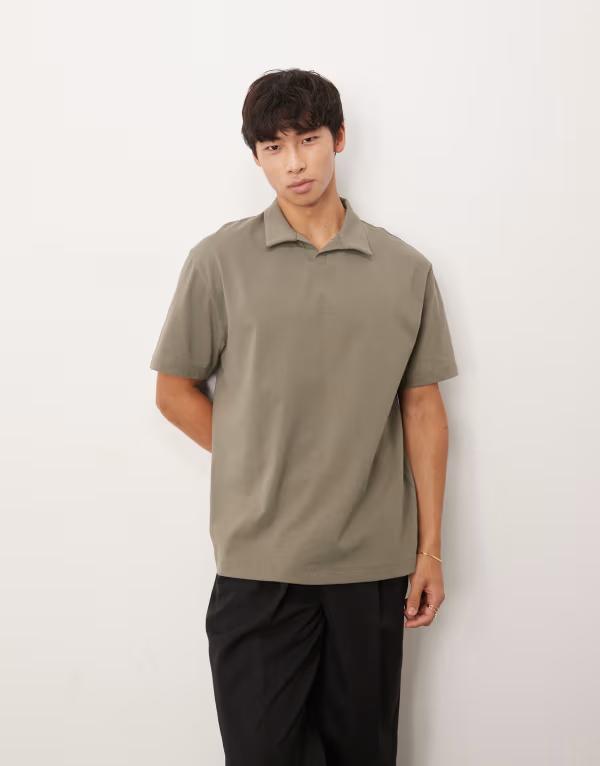 エイソス メンズ トップス ポロシャツ ASOS DESIGN heavyweight relaxed polo SMOKEY OLIVE オリーブ
