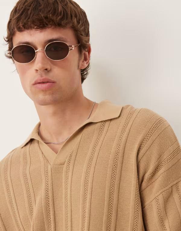 エイソス メンズ トップス ポロシャツ リブニット シャツ ニット ASOS DESIGN oversized boxy fit rib knit notch neck polo shirt with pointelle stitching BEIGE ベージュ