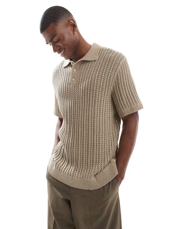 ジャック アンド ジョーンズ メンズ トップス ポロシャツ ニット Jack & Jones Premium crochet knitted polo shirt in tan Greige タン 11,186円
