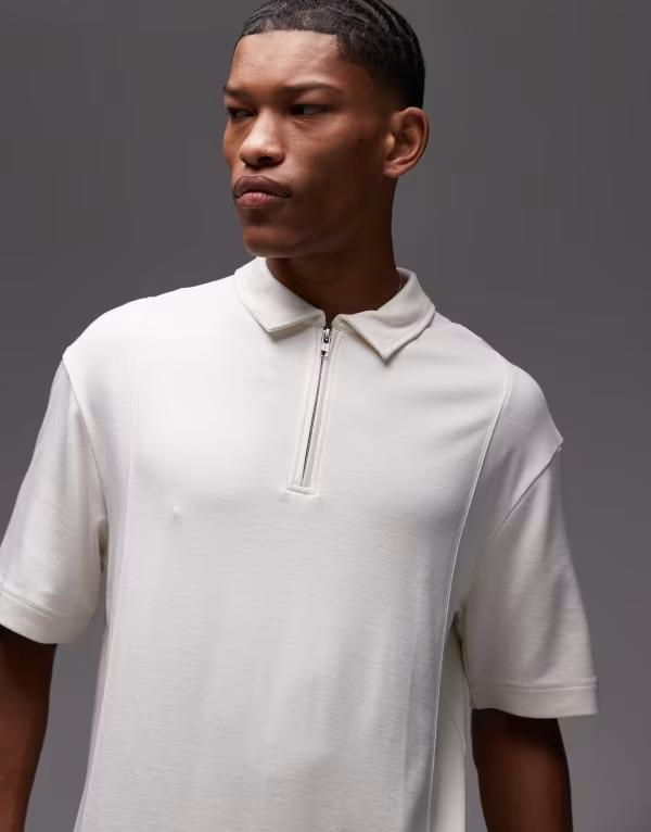トップマン メンズ トップス ポロシャツ オーバーサイズフィット Topman premium oversized fit polo with zip placket in ecru ECRU エクリュ
