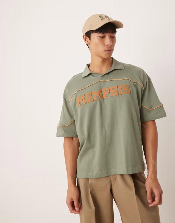 エイソス メンズ トップス ポロシャツ プリント シャツ ASOS DESIGN boxy oversized polo shirt with city print Sea spray グリーン