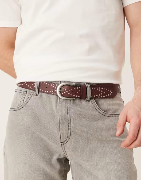 エイソス メンズ 付属品 胴締め ASOS DESIGN studded burnished belt Burgundy バーガンディ