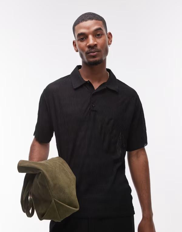 トップマン メンズ トップス ポロシャツ リラックスフィット Topman relaxed fit plisse polo Black ブラック