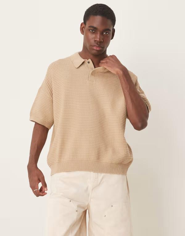 エイソス メンズ トップス ポロシャツ ニット ASOS DESIGN oversized boxy fit textured knit polo shirt BEIGE ベージュ