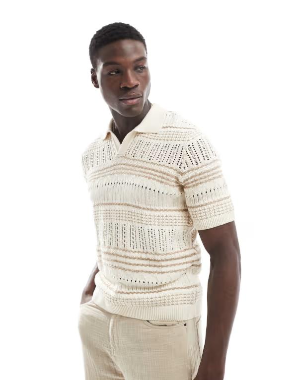 オンリーアンドサンズ メンズ トップス ポロシャツ リラックスフィット ニット ONLY & SONS relaxed fit open knit polo stripe Vanilla ice ベージュ