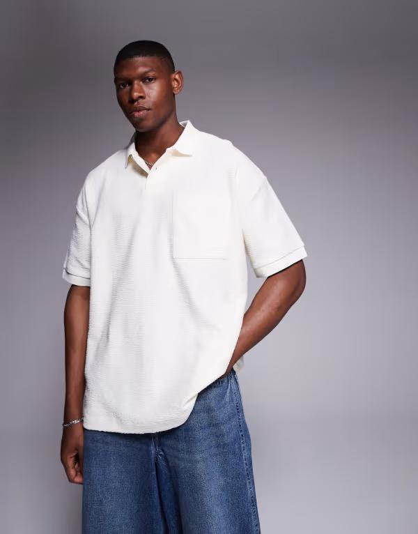 エイソス メンズ トップス ポロシャツ ASOS DESIGN premium heavyweight textured oversized polo in cream Coconut milk クリーム