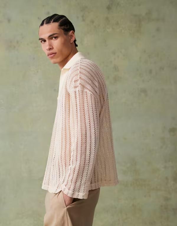 エイソス メンズ トップス ポロシャツ ASOS DESIGN oversized dropped shoulder polo crochet BEIGE ベージュ