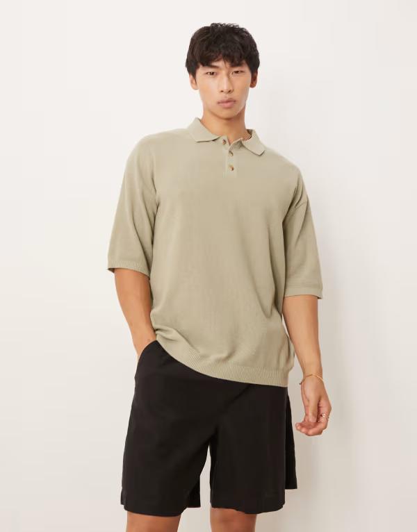 エイソス メンズ トップス ポロシャツ ニット ASOS DESIGN relaxed knit pique polo Khaki カーキ