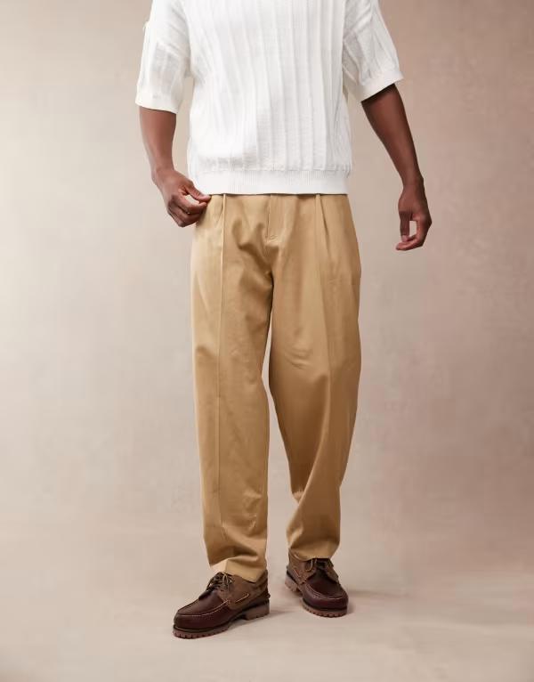 エイソス メンズ ボトムス カジュアルパンツ パンツ リネン ASOS DESIGN smart oversized tapered linen blend pants with front pleat in camel CAMEL キャメル｜ReVida 店
