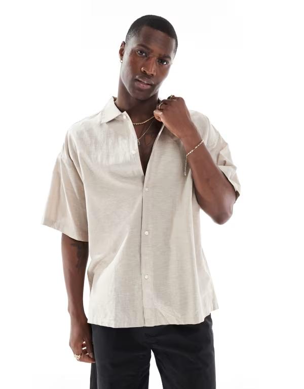 ジャック アンド ジョーンズ メンズ トップス シャツ リネン Jack & Jones oversized linen mix shirt Crockery ベージュ