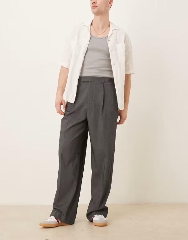 エイソス メンズ ボトムス カジュアルパンツ ワイドレッグ パンツ ASOS DESIGN smart wide leg pants with front pleat herringbone with elastic waist Gray グレー