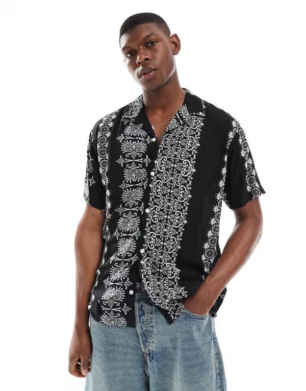 ジャック アンド ジョーンズ メンズ トップス シャツ プリント Jack & Jones oversized shirt with stripe print Black Onyx ブラック