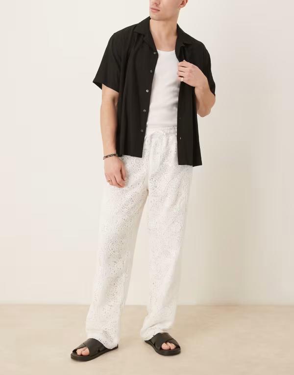 エイソス メンズ ボトムス カジュアルパンツ パンツ ASOS DESIGN premium baggy crochet pants WHITE ホワイト