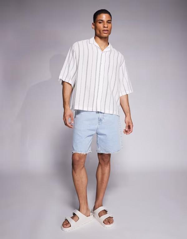 エイソス メンズ トップス シャツ ASOS DESIGN boxy oversized camp collar textured shirt and white stripe GREEN グリーン